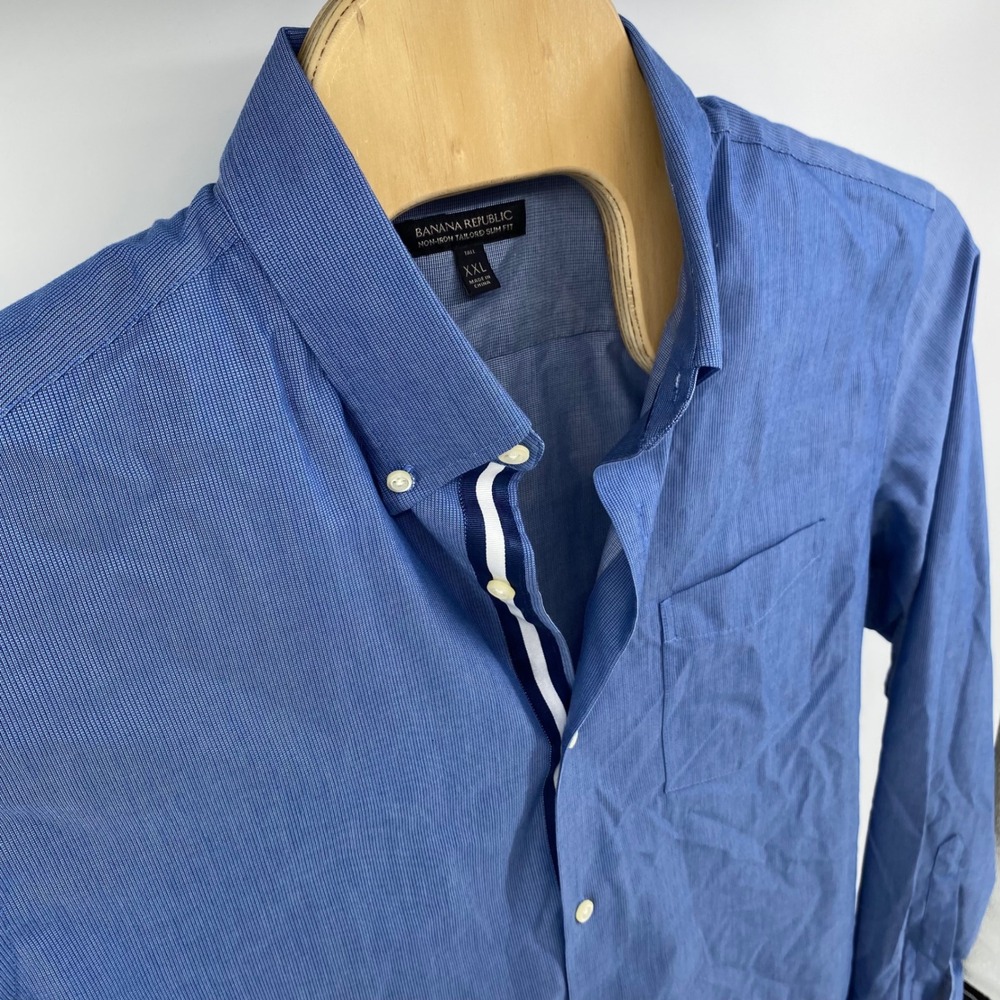 Banana Republic Mens XXL Tall Non-Iron Tailored Slim Fit Blue Micro Check Shirt